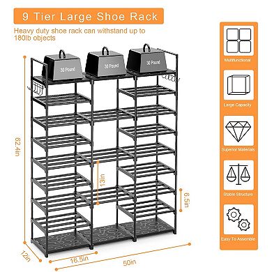 9 Tier Metal Shoe Rack Organizer Holds 50 to 55 Pairs Adjustable Freestanding Storage