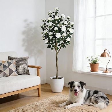 5FT Artificial Camellia Tree with Silk Flowers