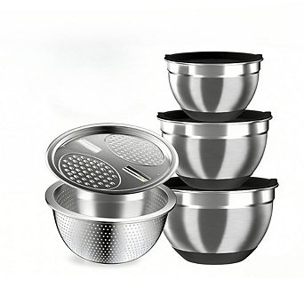 Zoulao Stainless Steel Mixing Bowl Set with 3 Bowls, Lids,Colander,Grater & Non-Slip Bottoms,1.5-5QT
