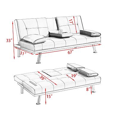 Heybly 67-Inch PU Leather, Convertible Futon Couch with Adjustable Backrest, 3 Recline Positions