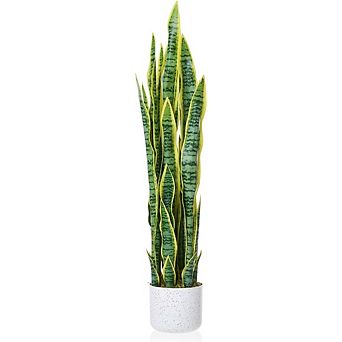 3ft Faux Snake Plant with White Planter & Moss, Realistic Indoor