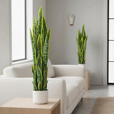 3ft Faux Snake Plant with White Planter & Moss, Realistic Indoor
