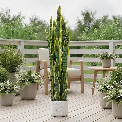 3ft Faux Snake Plant with White Planter & Moss, Realistic Indoor