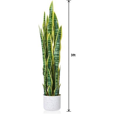 3ft Faux Snake Plant with White Planter & Moss, Realistic Indoor