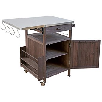KWPZQEB Outdoor Grill Cart with Stainless Steel Top, Wooden Storage Cabinet with Drop Leaf
