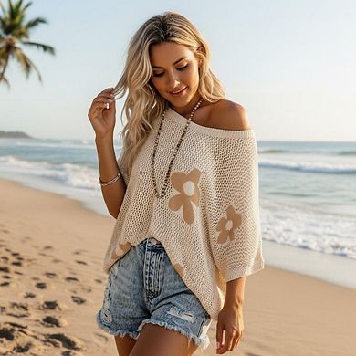 Womens Floral Short Sleeve Crochet Sweaters Swimsuit Cover Ups Lightweight Knit Pullover