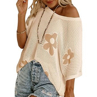 Womens Floral Short Sleeve Crochet Sweaters Swimsuit Cover Ups Lightweight Knit Pullover