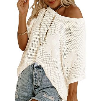 Womens Floral Short Sleeve Crochet Sweaters Swimsuit Cover Ups Lightweight Knit Pullover