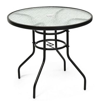32” Round Patio Table with Tempered Glass Top & Umbrella Hole