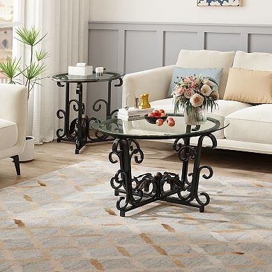KWPZQEB Vintage Patterned Legs Table Set of 3,1 Coffee Table + 2 End Tables, Black