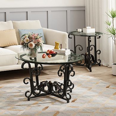 KWPZQEB Vintage Patterned Legs Table Set of 3,1 Coffee Table + 2 End Tables, Black