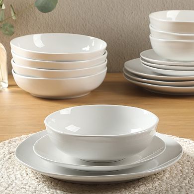 Gibson Home Lindendale 16 Piece Porcelain Plates and Bowls Scratch and Chip Resistant - White