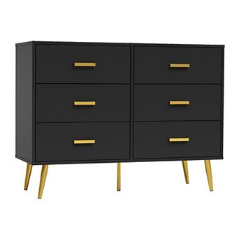 Modern 6 Drawer Dresser with Gold Handle, Wooden Chest Dresser with Deep Drawers for Living Room