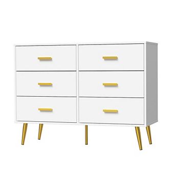 Modern 6 Drawer Dresser with Gold Handle, Wooden Chest Dresser with Deep Drawers for Living Room