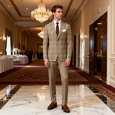 Men's 2 pc Plaid Suit Set - Modern Fit Business Casual Blazer & Dress Pants