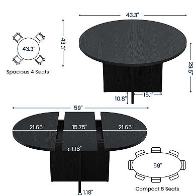 43.3''-59'' Extendable Round Dining Table for 4-8,Kitchen Oval Dining Table with Removable Leaves
