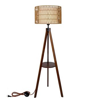 59'' Tall Boho Tripod Floor Lamp with Wooden Shelf, Standing Lamp with Hand-Woven Rattan Shade