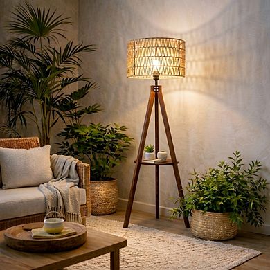 59'' Tall Boho Tripod Floor Lamp with Wooden Shelf, Standing Lamp with Hand-Woven Rattan Shade