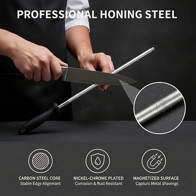 13 Inch Carbon Steel Sharpening Rod, Magnetized Honing Steel with Nickel-Chrome Plating