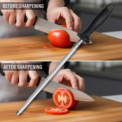 13 Inch Carbon Steel Sharpening Rod, Magnetized Honing Steel with Nickel-Chrome Plating