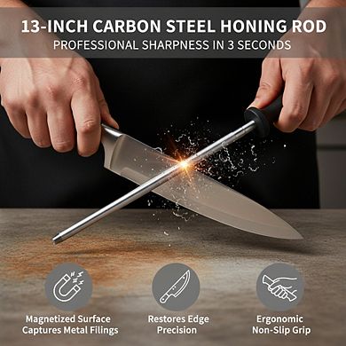 13 Inch Carbon Steel Sharpening Rod, Magnetized Honing Steel with Nickel-Chrome Plating