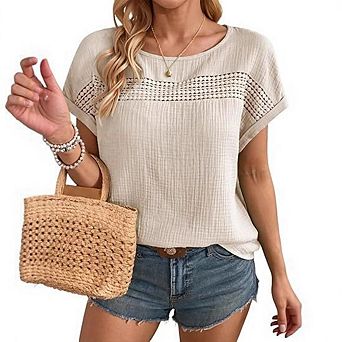Women’s Summer Tops Crewneck Short Sleeve Hollow Out T-Shirts Casual Loose Solid Color Blouses