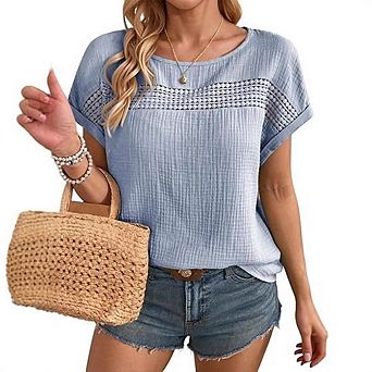 Women’s Summer Tops Crewneck Short Sleeve Hollow Out T-Shirts Casual Loose Solid Color Blouses