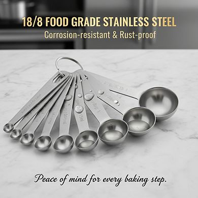 18/8 Stainless Steel Measuring Spoons Set of 9, Complete Sizes for Dry Liquid Ingredients