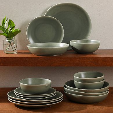 Gibson Elite Zion Mist 16 Piece Stoneware Reactive Glaze Plates and Bowls Modern Dinnerware Set