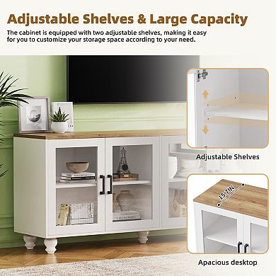 Trikiousd 63" Farmhouse TV Stand with Tempered Glass Doors and Solid Wood Legs