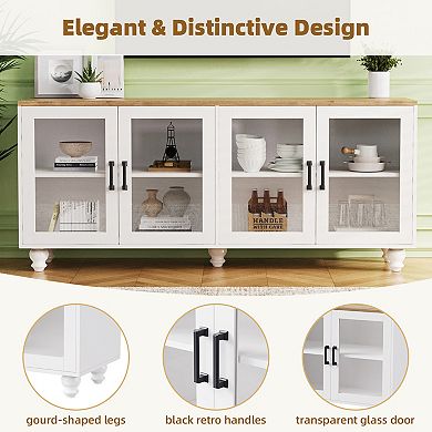 Trikiousd 63" Farmhouse TV Stand with Tempered Glass Doors and Solid Wood Legs