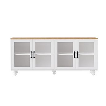 Trikiousd 63" Farmhouse TV Stand with Tempered Glass Doors and Solid Wood Legs