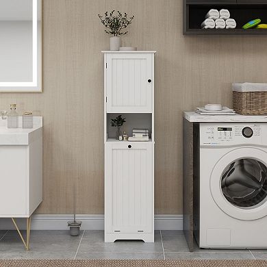 Laundry Storage Cabinet with Double Compartment and Folded Towel Shelf