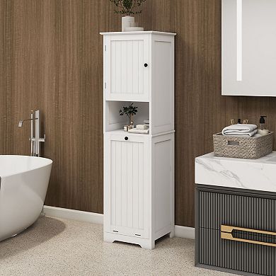 Laundry Storage Cabinet with Double Compartment and Folded Towel Shelf