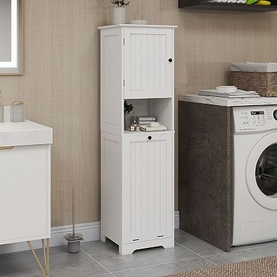 Laundry Storage Cabinet with Double Compartment and Folded Towel Shelf