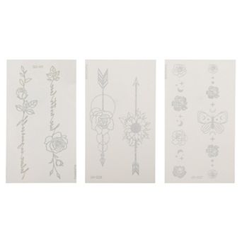 Realistic Butterfly Roses Pattern Fake Tattoos Gray 3 pc