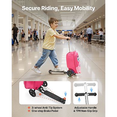 Kids Ride On Scooter Luggage With Flash Wheels And Adjustable Handle