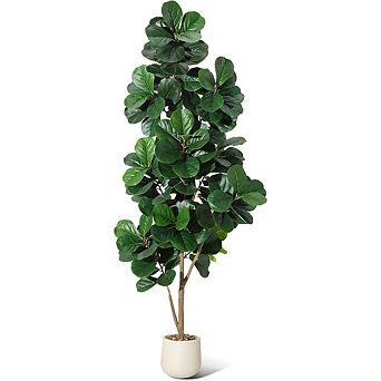 7ft faux fiddle leaf fig, white planter, weighted base, low-maintenance indoor plant.