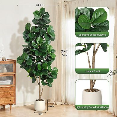 7ft faux fiddle leaf fig, white planter, weighted base, low-maintenance indoor plant.