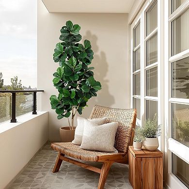 7ft faux fiddle leaf fig, white planter, weighted base, low-maintenance indoor plant.