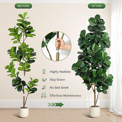 7ft faux fiddle leaf fig, white planter, weighted base, low-maintenance indoor plant.