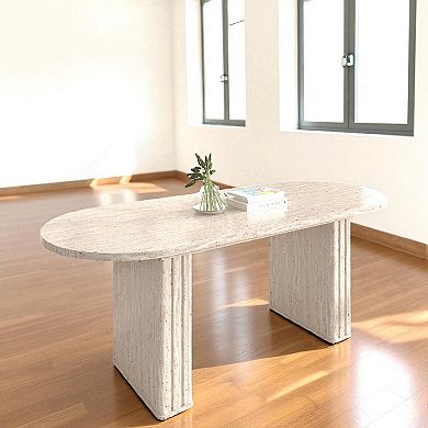 Heybly Extendable Oval Dining Table for 48 People, MDF Kitchen Table with Travertine Finish