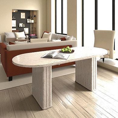 Heybly Extendable Oval Dining Table for 48 People, MDF Kitchen Table with Travertine Finish