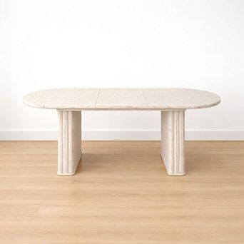 Heybly Extendable Oval Dining Table for 48 People, MDF Kitchen Table with Travertine Finish