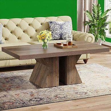 Rectangular Pine Wood Coffee Table with Thick Base for Living Room or Lounge - Brown