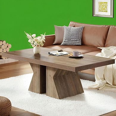 Rectangular Pine Wood Coffee Table with Thick Base for Living Room or Lounge - Brown