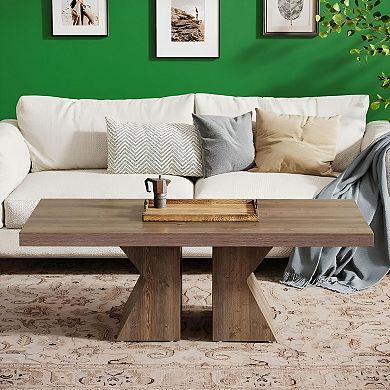 Rectangular Pine Wood Coffee Table with Thick Base for Living Room or Lounge - Brown