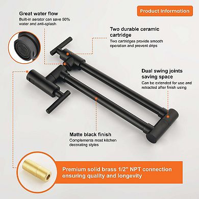 Wall Mounted Double Handle 1.8 GPM Pot Filler with 2 Built-in Ceramic Cartridge