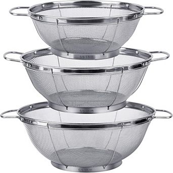 3 pc Stainless Steel Colander Set, 5/4/3-qt Mesh Sieves with Handles Base for Draining