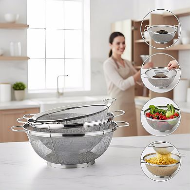 3-Piece Stainless Steel Colander Set, 5/4/3-Quart Mesh Sieves with Handles Base for Draining